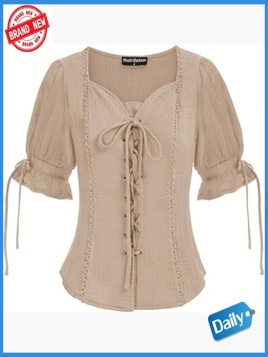 Tops - Plus Size Lace-Up Renaissance Blouse Puff Sleeve Peasant Top